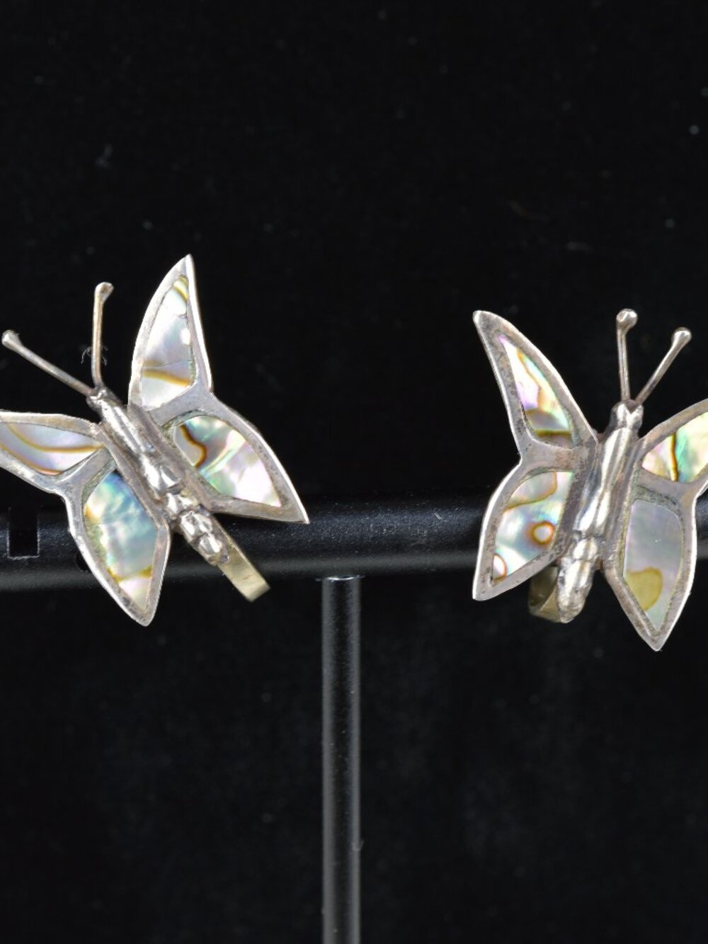 Vintage Mexico Taxco Sterling Silver Abalone Inlay Butterfly Screw Back Earrings